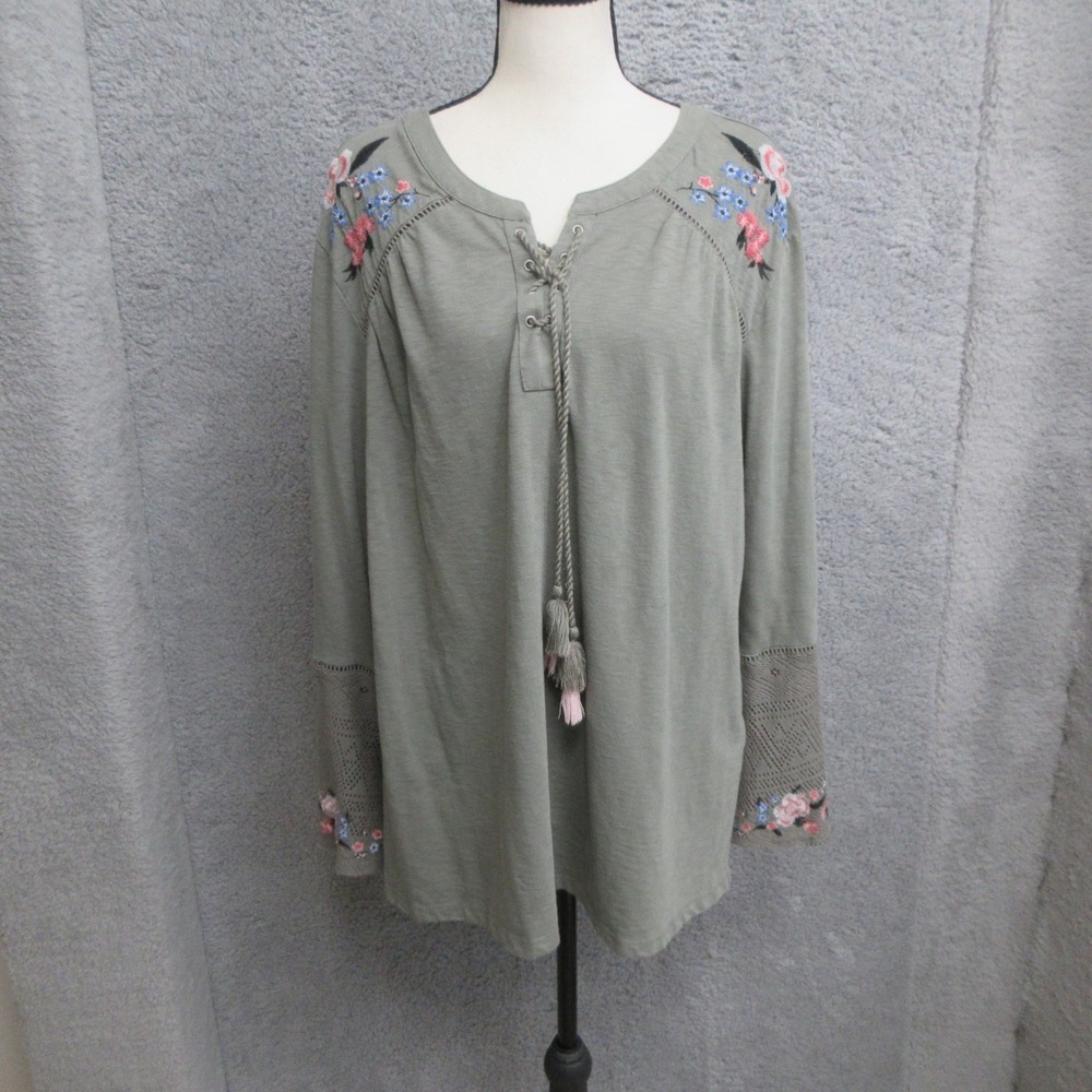 Style & Co Embroidered Boho Tunic Top Womens 3X Green Crochet Bell Sleeve Tassel